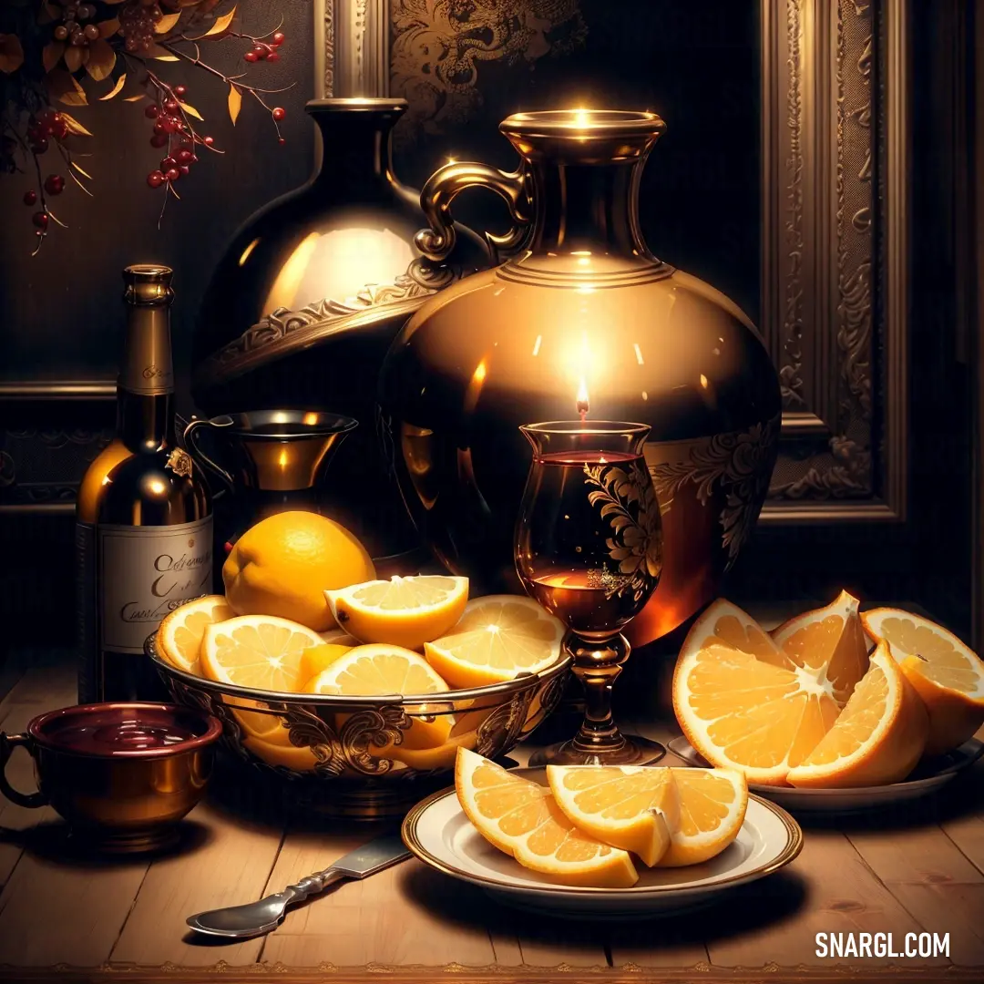 Painting of a bowl of lemons and a pitcher of wine on a table with a plate of lemons. Color CMYK 0,20,80,4.