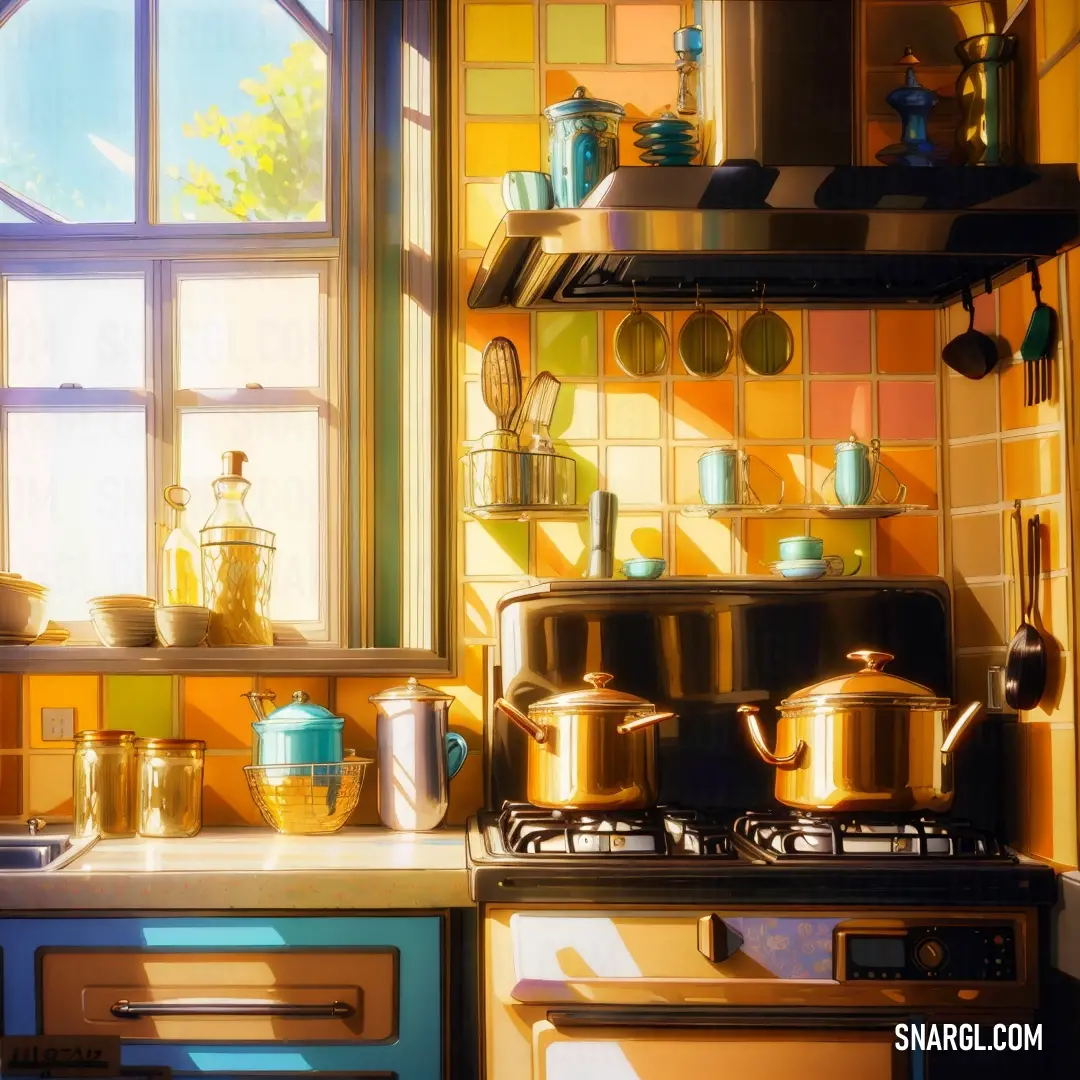 Saffron color. Painting of a kitchen with pots and pans on the stove top and a window in the background