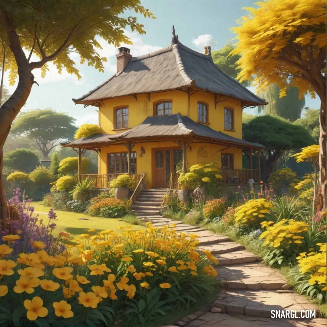 Painting of a yellow house with a pathway leading to it. Example of CMYK 0,20,80,4 color.