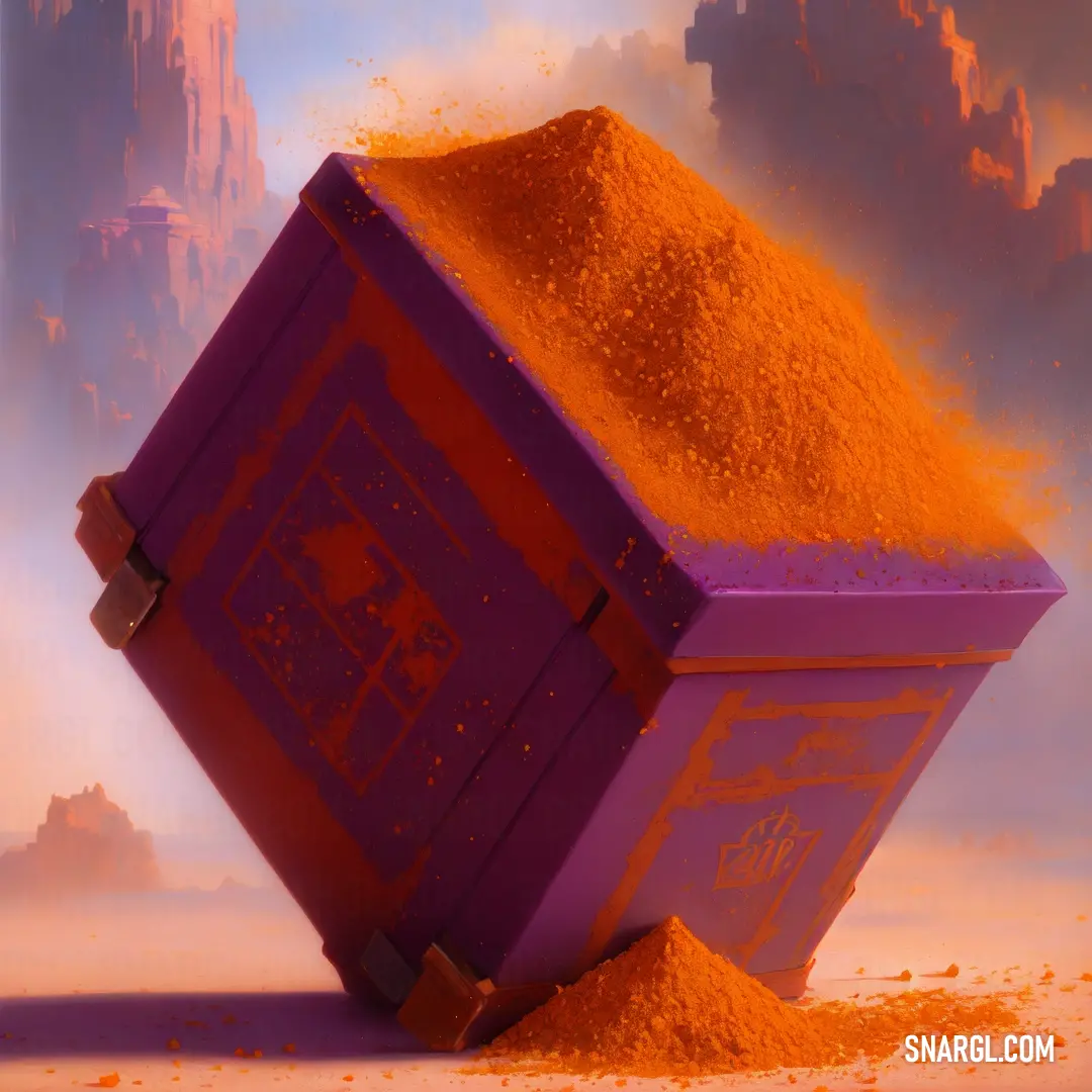 Purple box with orange powder on top of it and a sky background with clouds and a castle in the distance