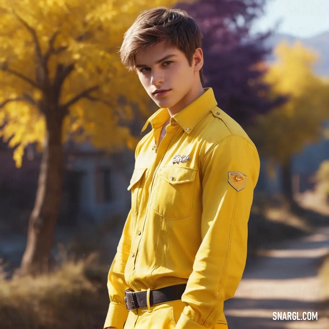 Boy in a yellow uniform standing on a road in the fall with a tree in the background. Color CMYK 0,20,80,4.