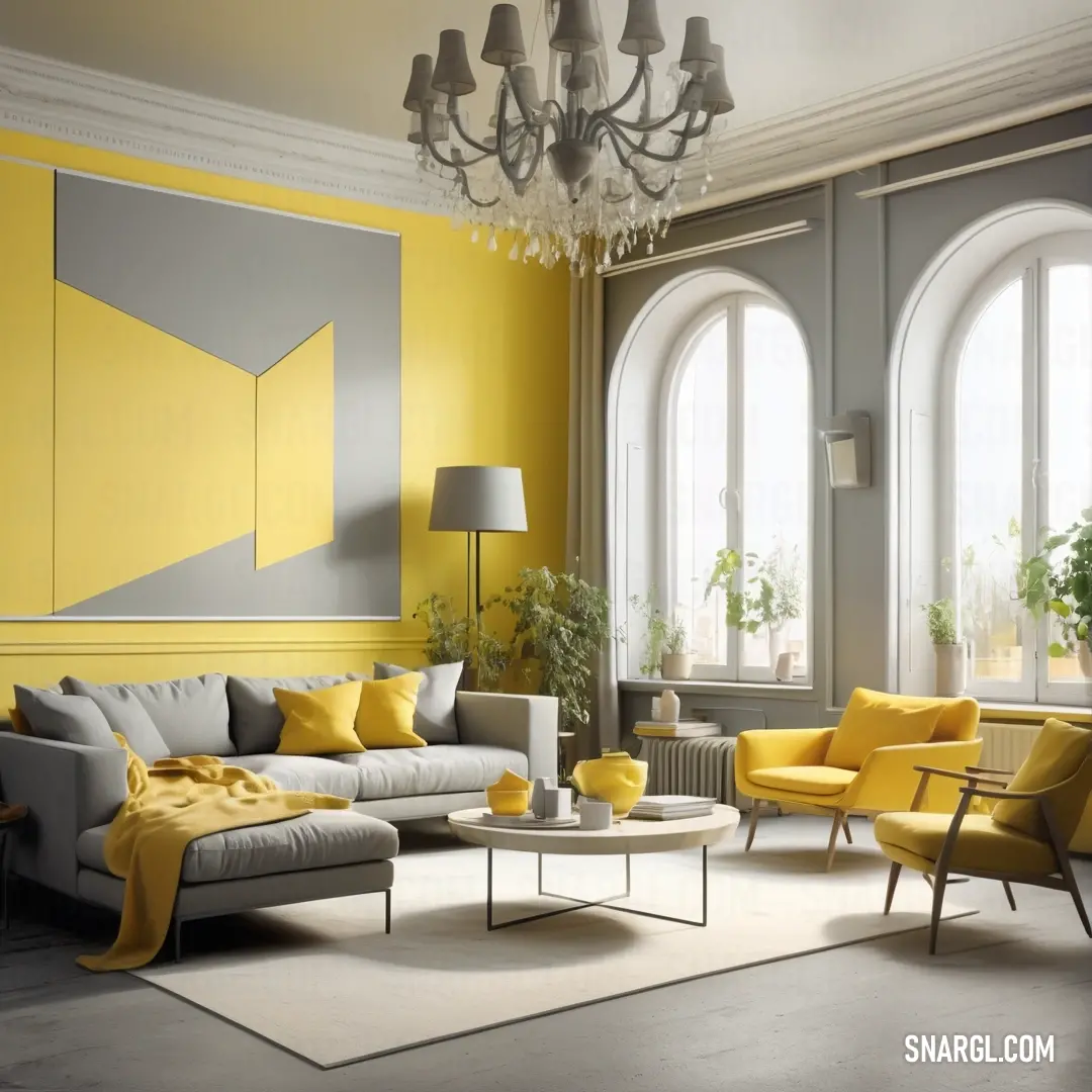 Living room with yellow and gray furniture and a chandelier hanging from the ceiling. Example of CMYK 0,20,80,4 color.