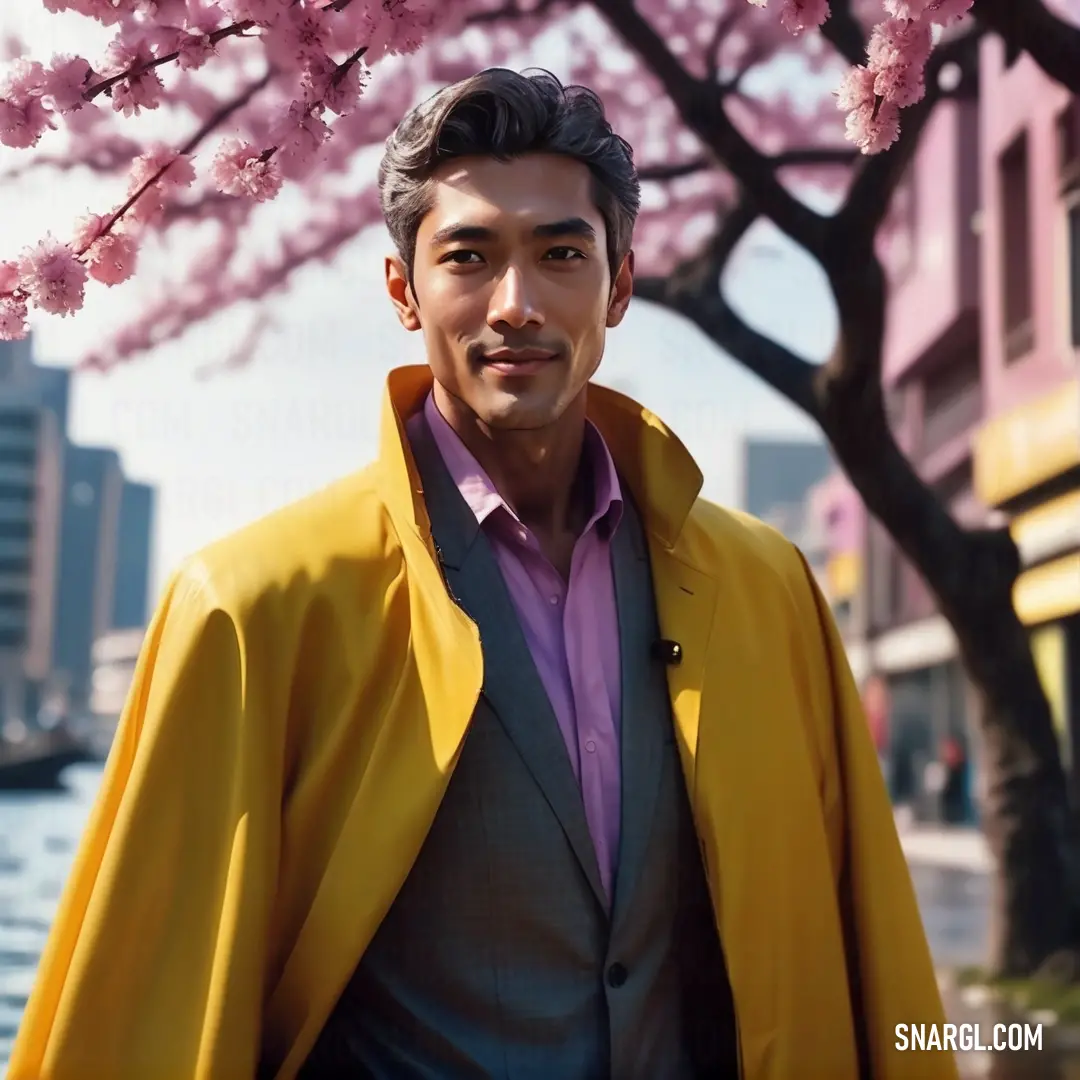 Man in a yellow jacket standing under a tree with pink flowers on it's branches in a city. Example of #F4C430 color.