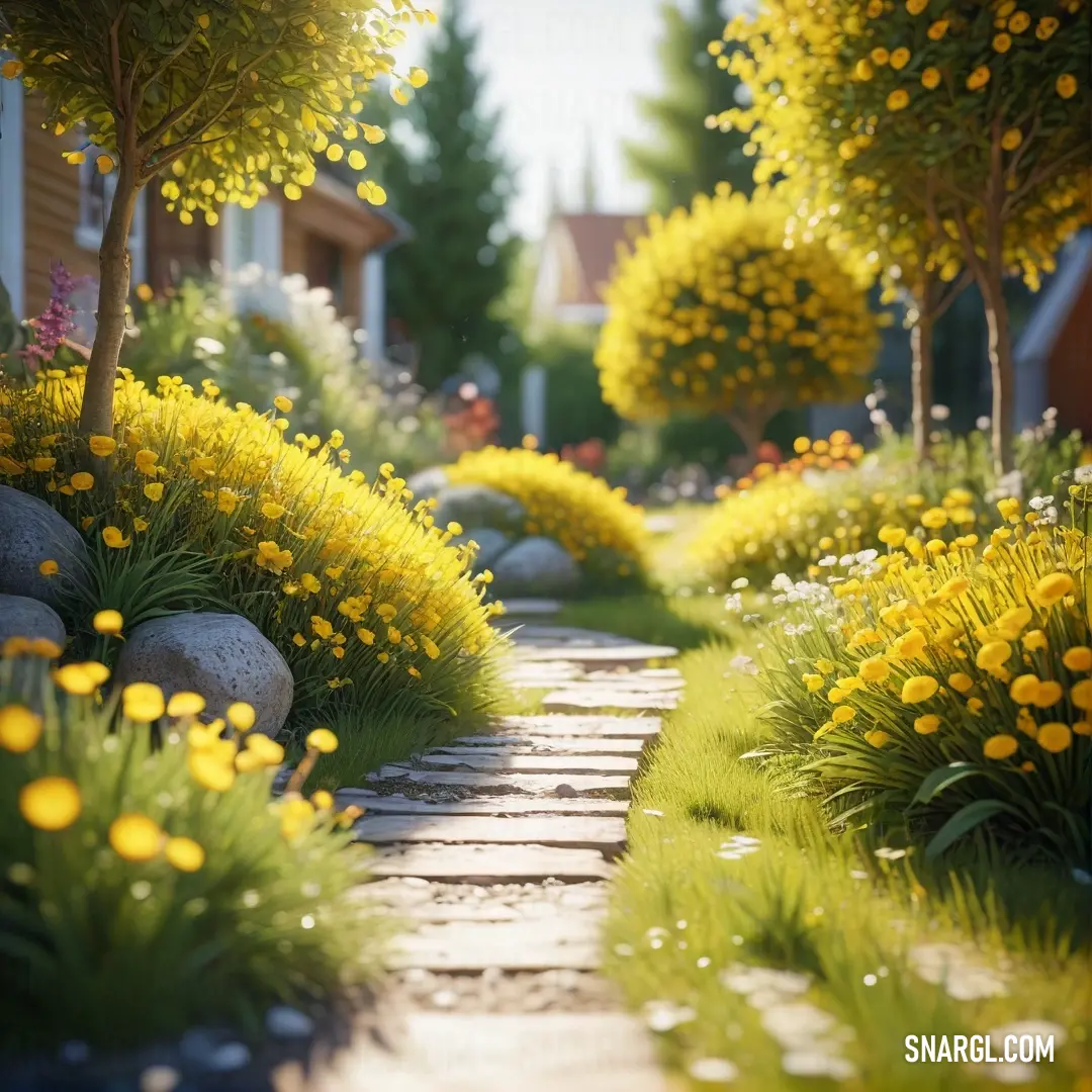 Pathway with yellow flowers and rocks on the side of it. Color RGB 244,196,48.