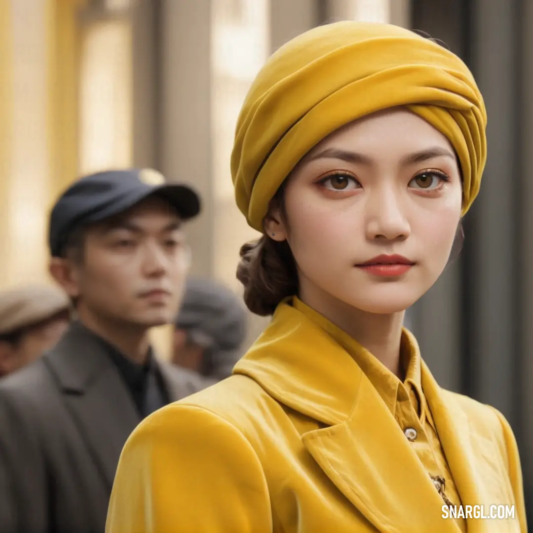 Woman in a yellow dress and a man in a gray suit and a yellow turban are standing together. Example of #F4C430 color.