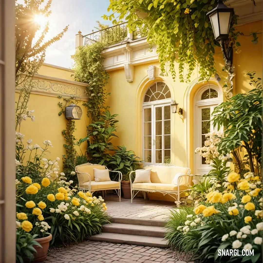 Yellow house with a lot of flowers and plants around it and a couch in the middle of the room. Color RGB 244,196,48.