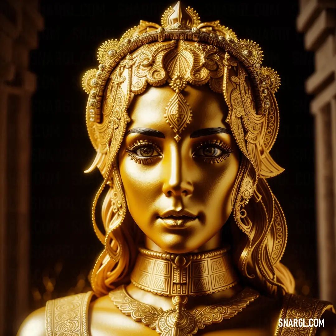 Statue of a woman with a gold headdress and a crown on her head and a black background. Color RGB 244,196,48.
