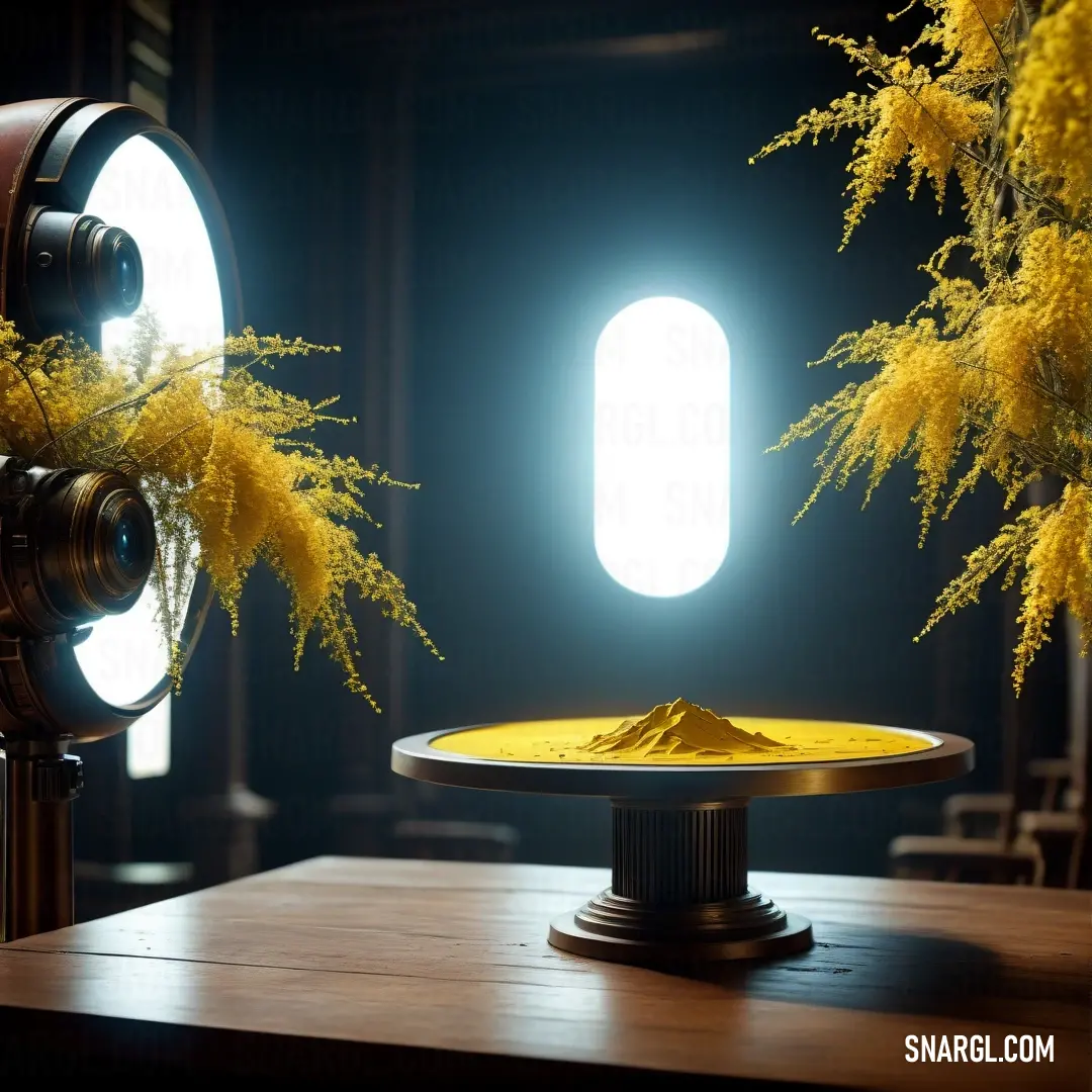 Table with a yellow plate and a mirror with a light on it and a yellow flower in the middle. Color #F4C430.