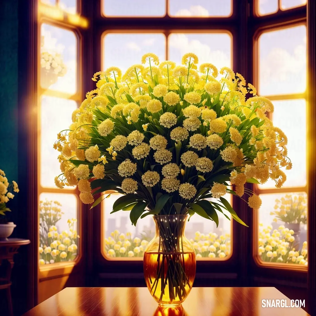 Vase of yellow flowers on a table in front of a window with a view of the outside of the room. Example of CMYK 0,20,80,4 color.