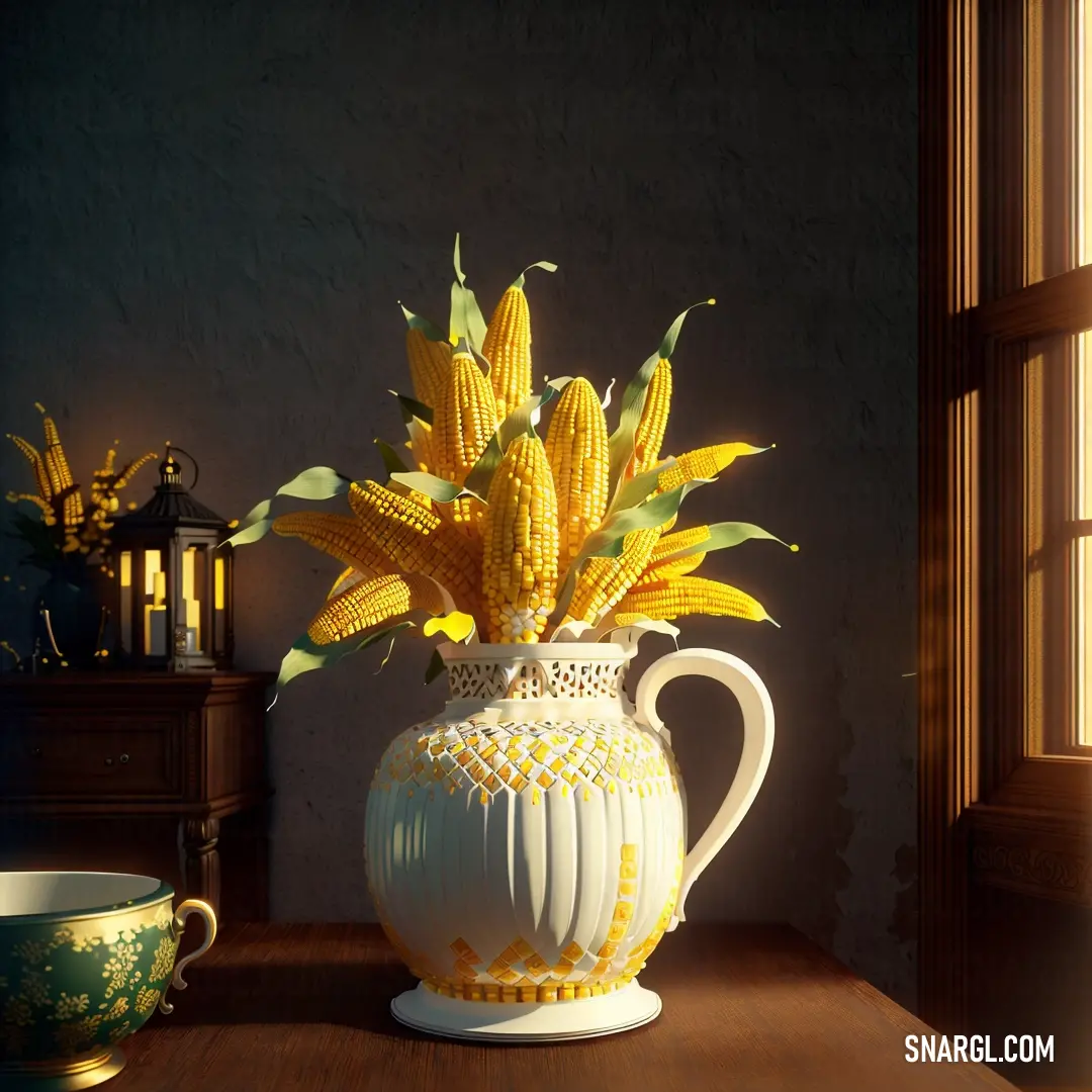 White vase with yellow flowers on a table next to a cup and a window with a light coming through. Color Saffron.
