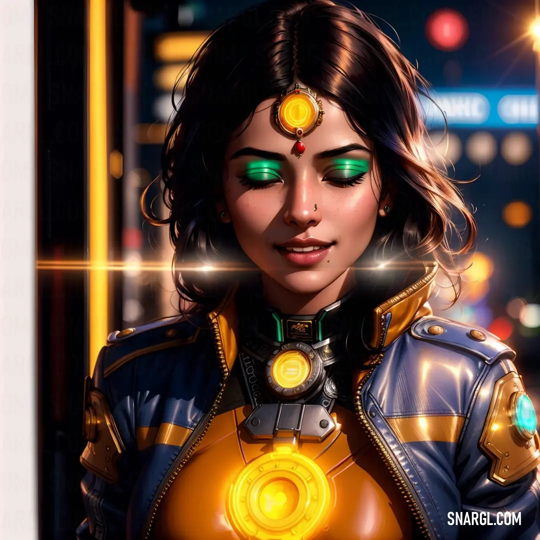 Woman in a futuristic suit with green eyes and a yellow light around her head and a city in the background