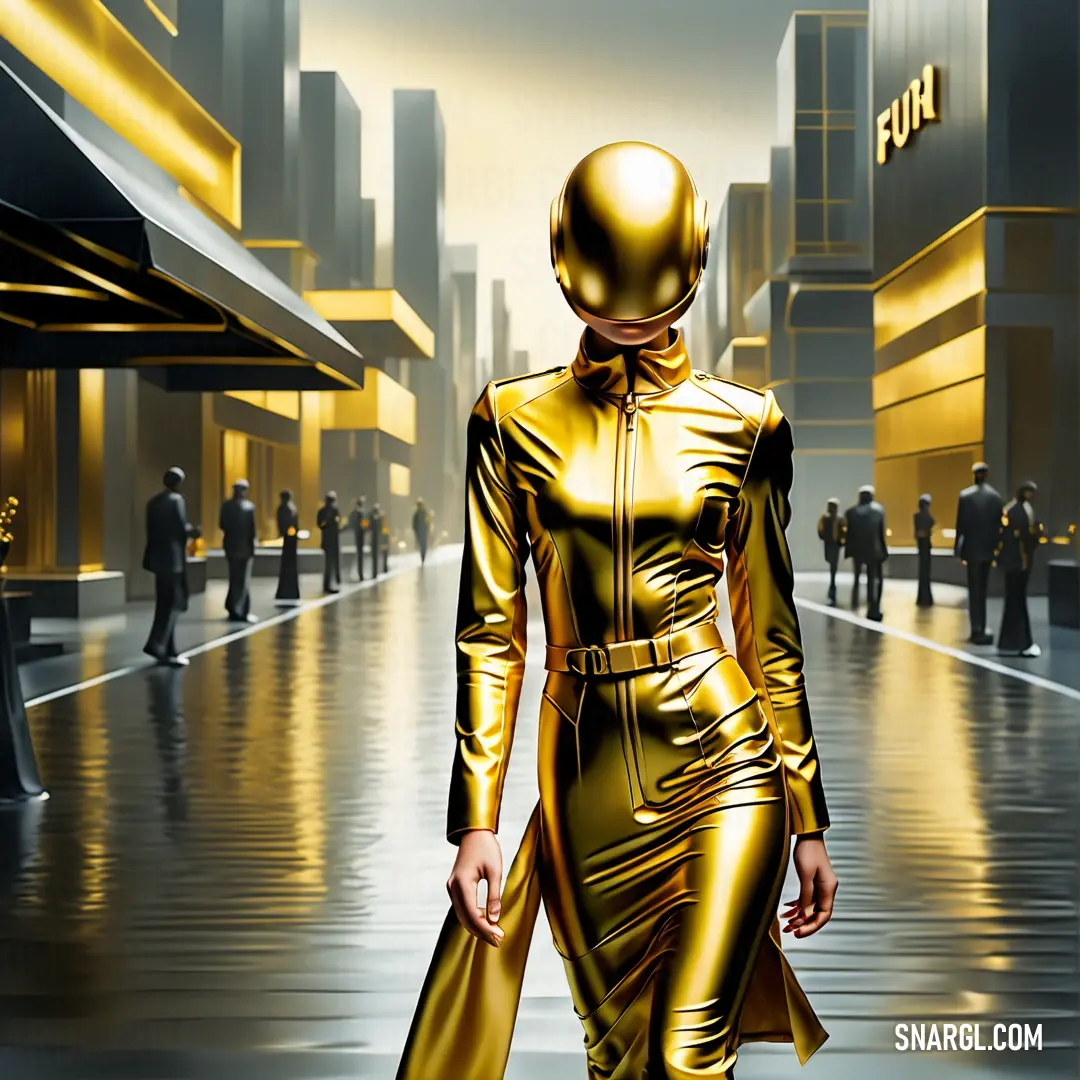 Woman in a gold suit walking down a street in a city with tall buildings and a yellow umbrella