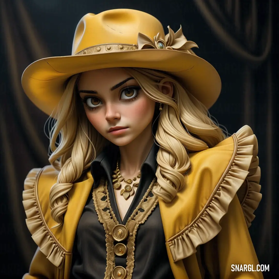 Woman in a yellow hat and dress with a black shirt and a yellow jacket. Color CMYK 0,20,80,4.