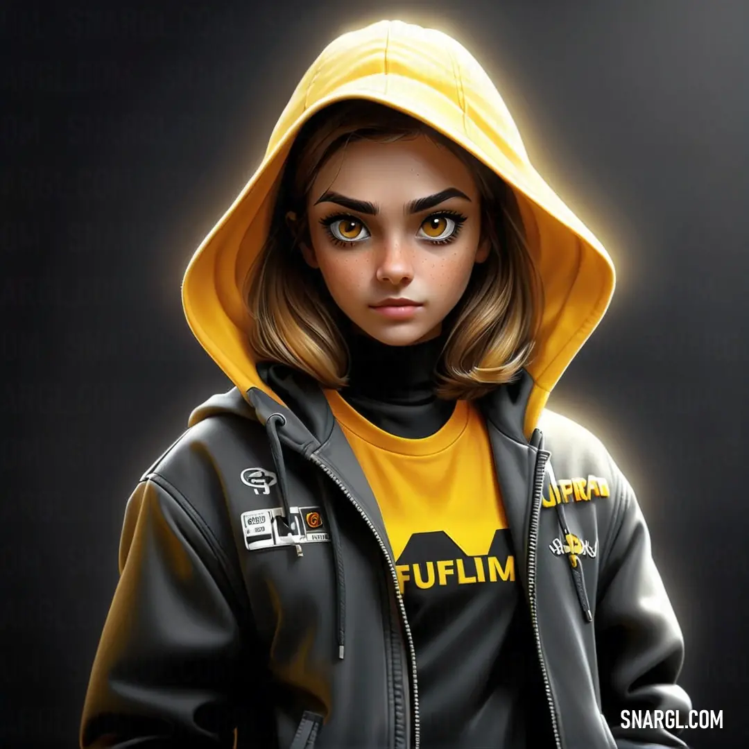 Woman in a yellow hoodie is posing for a picture with a black background. Color #F4C430.