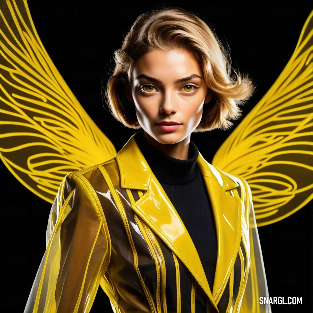 Woman with a yellow jacket and wings on her body and a black background