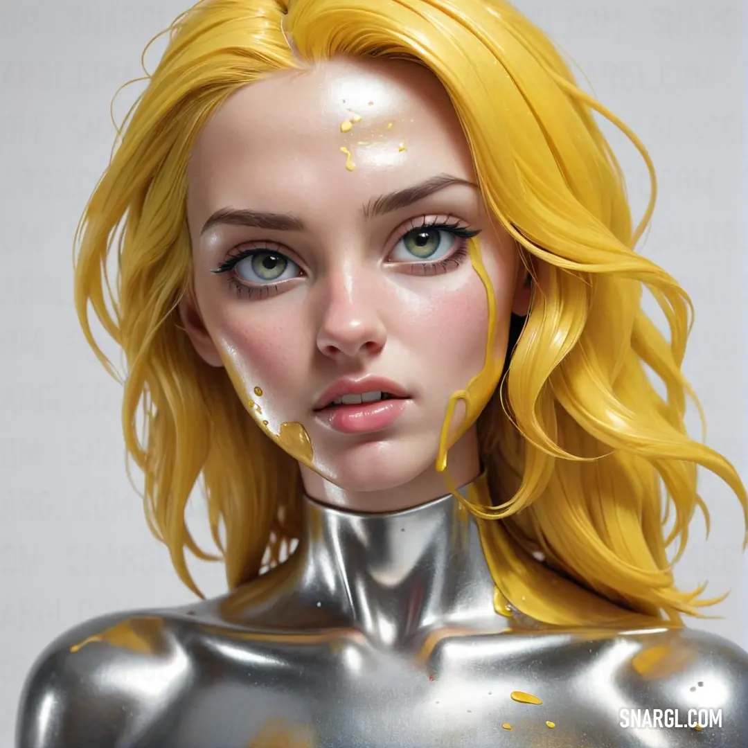 Woman with yellow hair and silver body paint on her face and chest