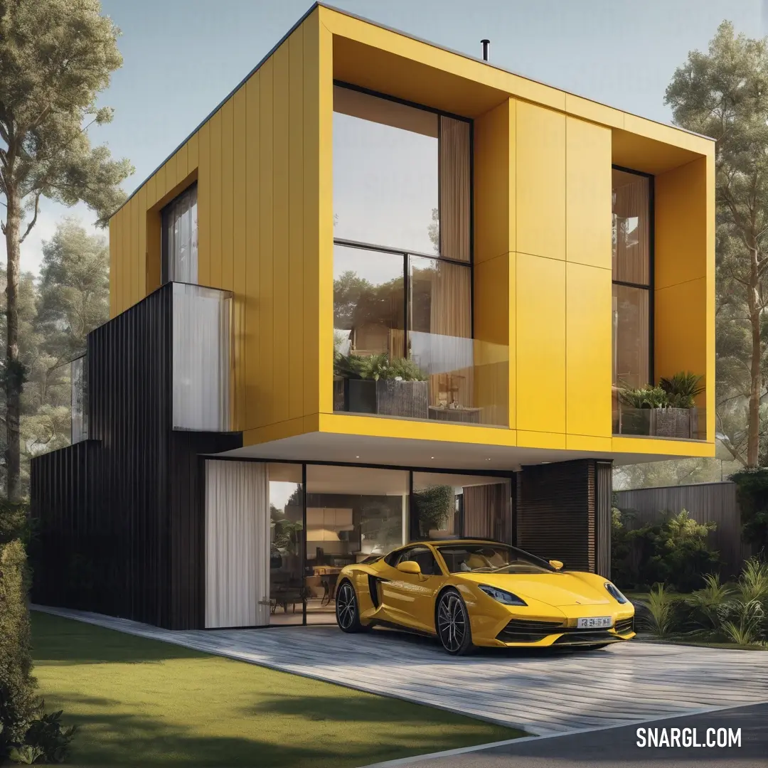 Yellow sports car parked in front of a modern house with a large balcony and a garage area on the second floor