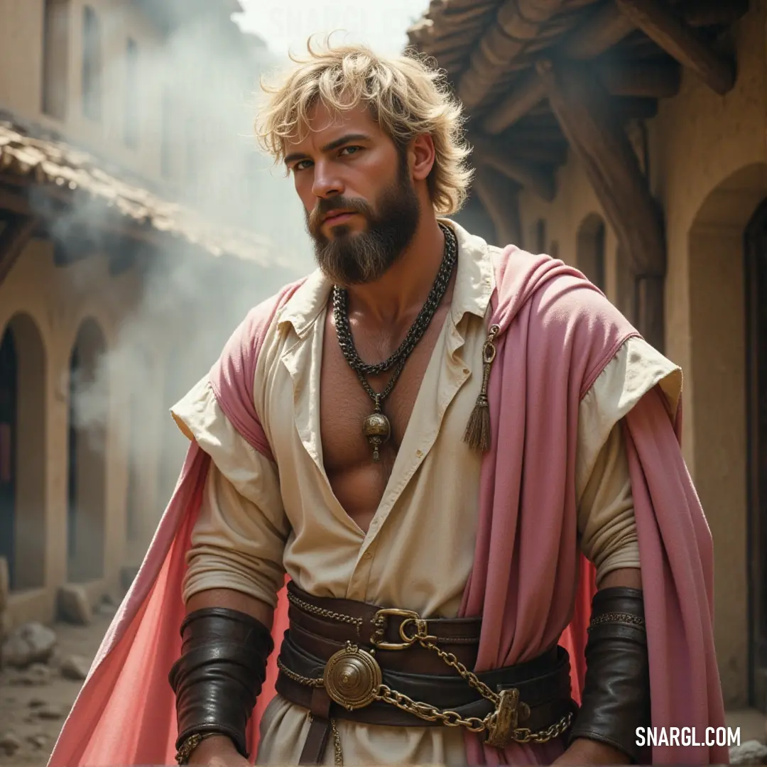 A man in a costume adorned with a beard ring and chain, standing with an air of wisdom and composure, his attire reflecting a unique character. A dignified figure in elaborate attire, featuring a beard ring and a chain around his neck, exudes wisdom and strength, as he gazes into the distance, his costume reflecting the richness of his character.