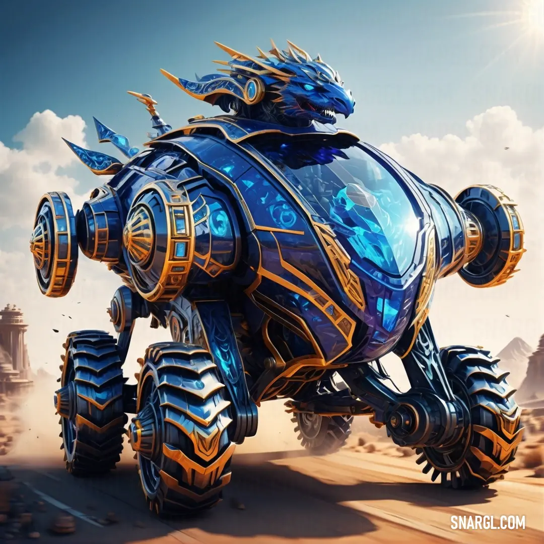 Blue and yellow robot with large wheels on a desert road with a sky background. Example of RGB 35,41,122 color.