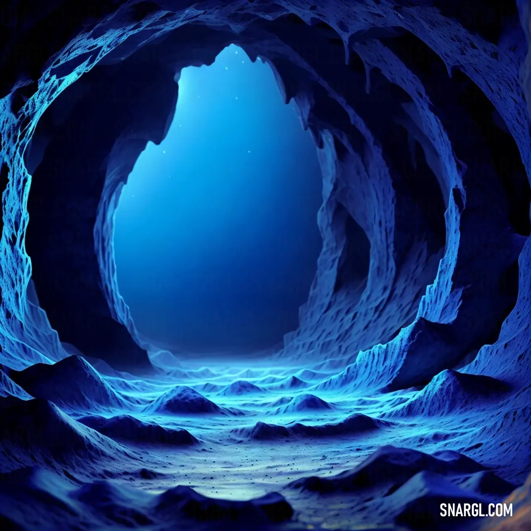 Blue cave with a blue light coming from the entrance to it