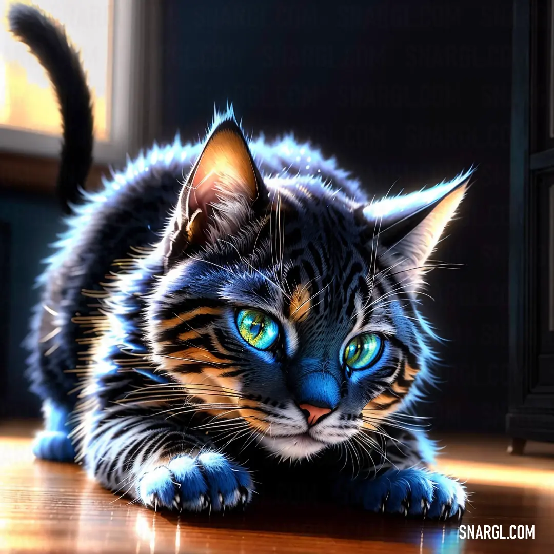 Cat with blue eyes laying on a wooden floor next to a window and a door frame