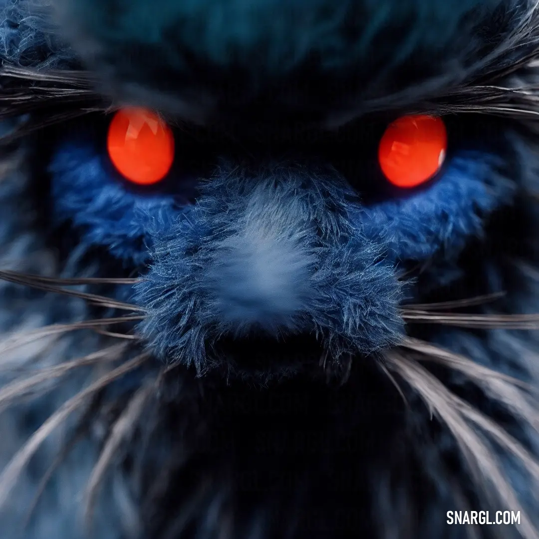 Close up of a cat with red eyes and blue fur on it's head and a black background