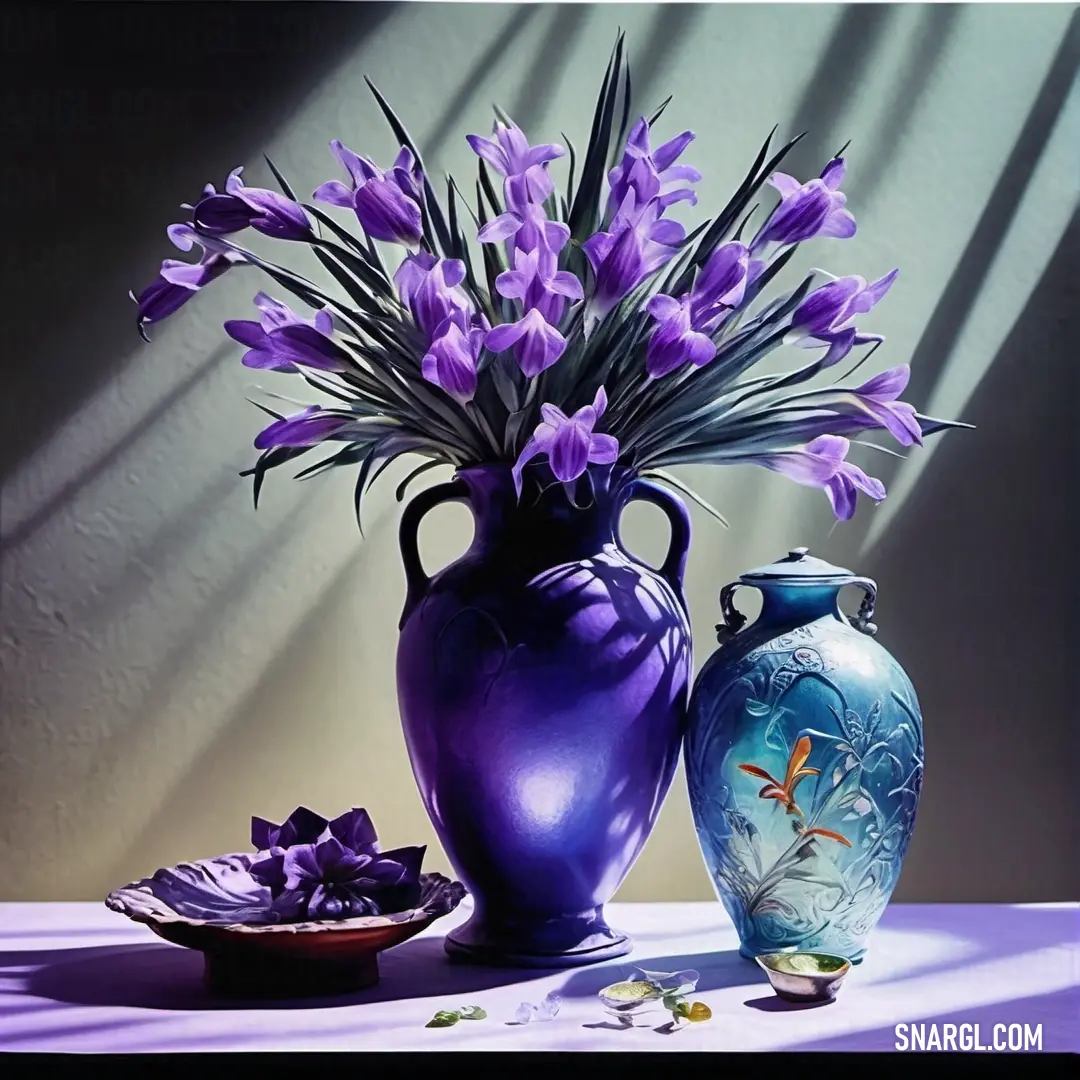 Purple vase with purple flowers in it and a blue bowl. Example of #23297A color.