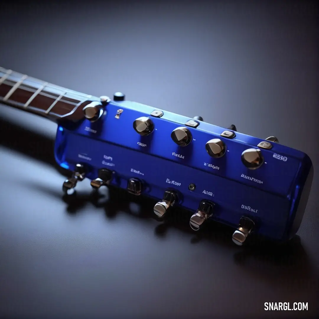 Blue guitar neck with a bunch of knobs on it's sides and a black background. Example of Saint Patrick Blue color.