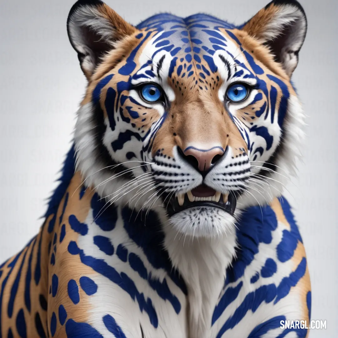 Tiger with blue eyes and a white background. Color CMYK 71,66,0,52.