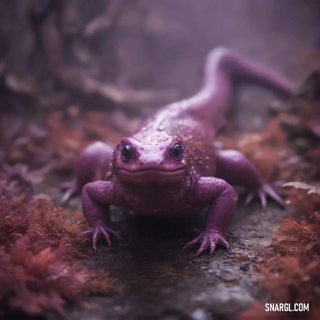 Purple lizard on top of a lush green field of grass and dirt with fog in the background