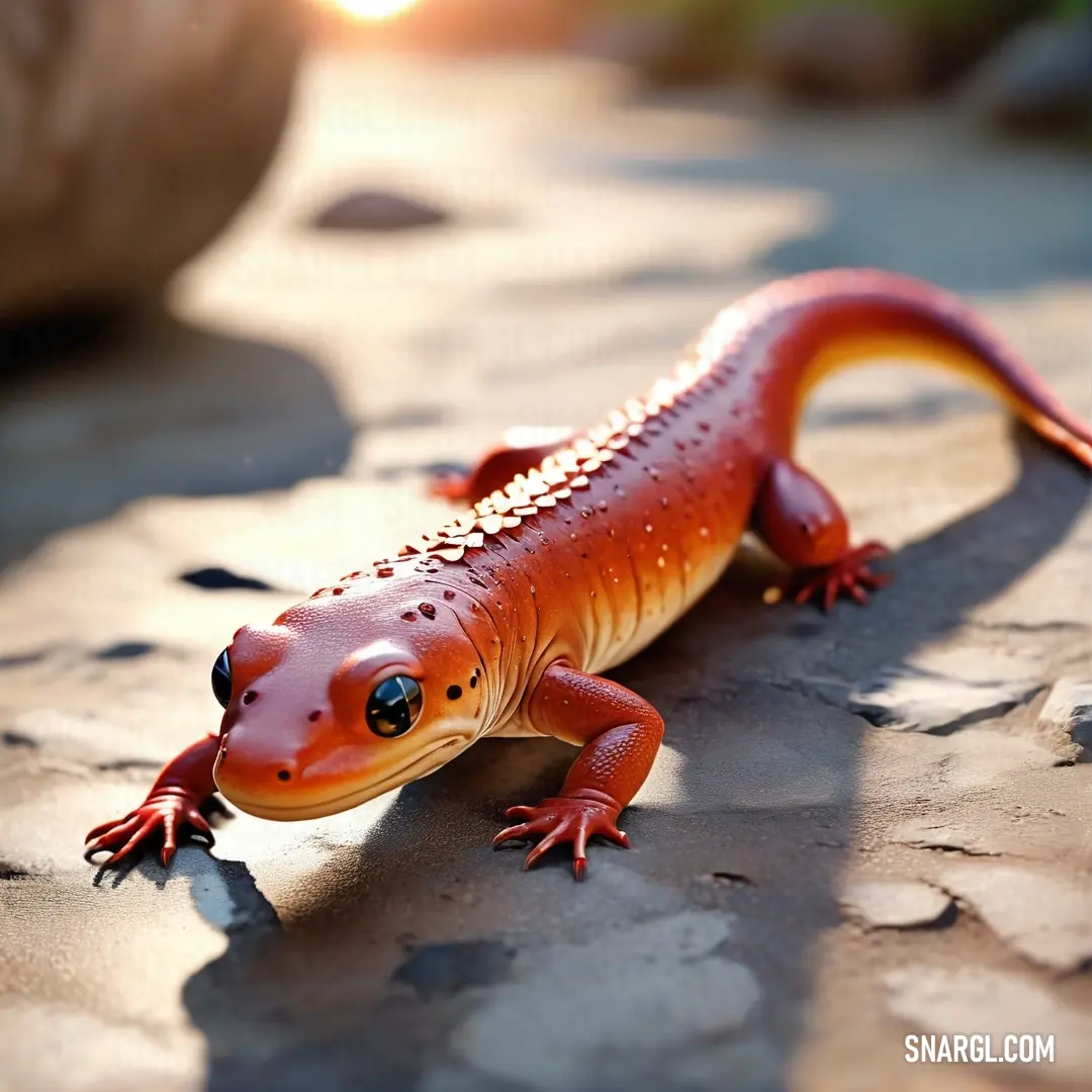 Red and orange lizard on a rock outside of a building with the sun shining on it's back