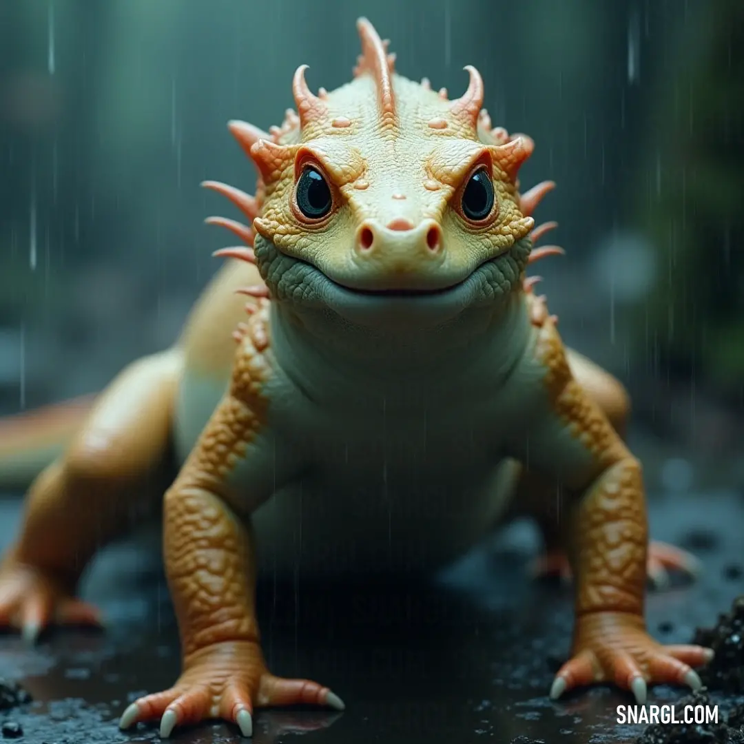 Close up of a toy lizard on a table with rain falling down on it's head and eyes