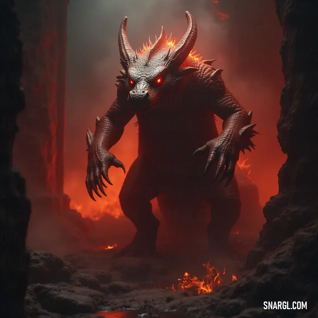 Demonic Salamander standing in a cave with lava and flames in the background