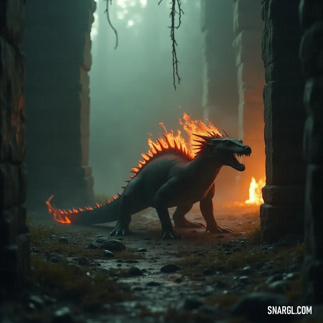 Salamander with a fire breathing tail in a forest setting with a fire coming from its mouth