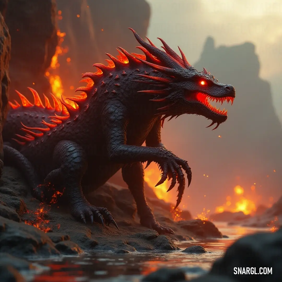 Salamander with glowing eyes standing on a rock next to a river of water and lava in the background