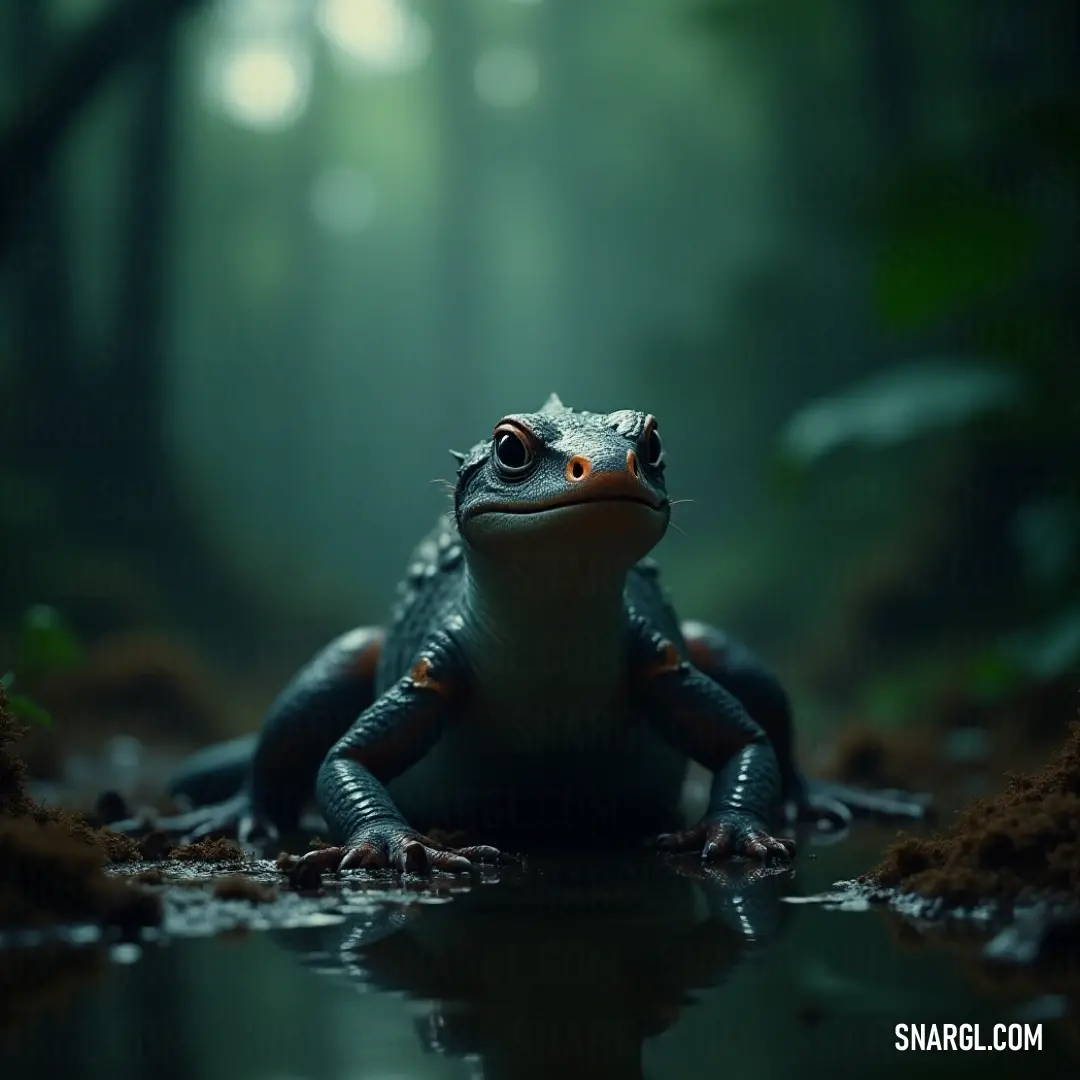 Frog on the ground in the middle of a forest with water and dirt around it's legs