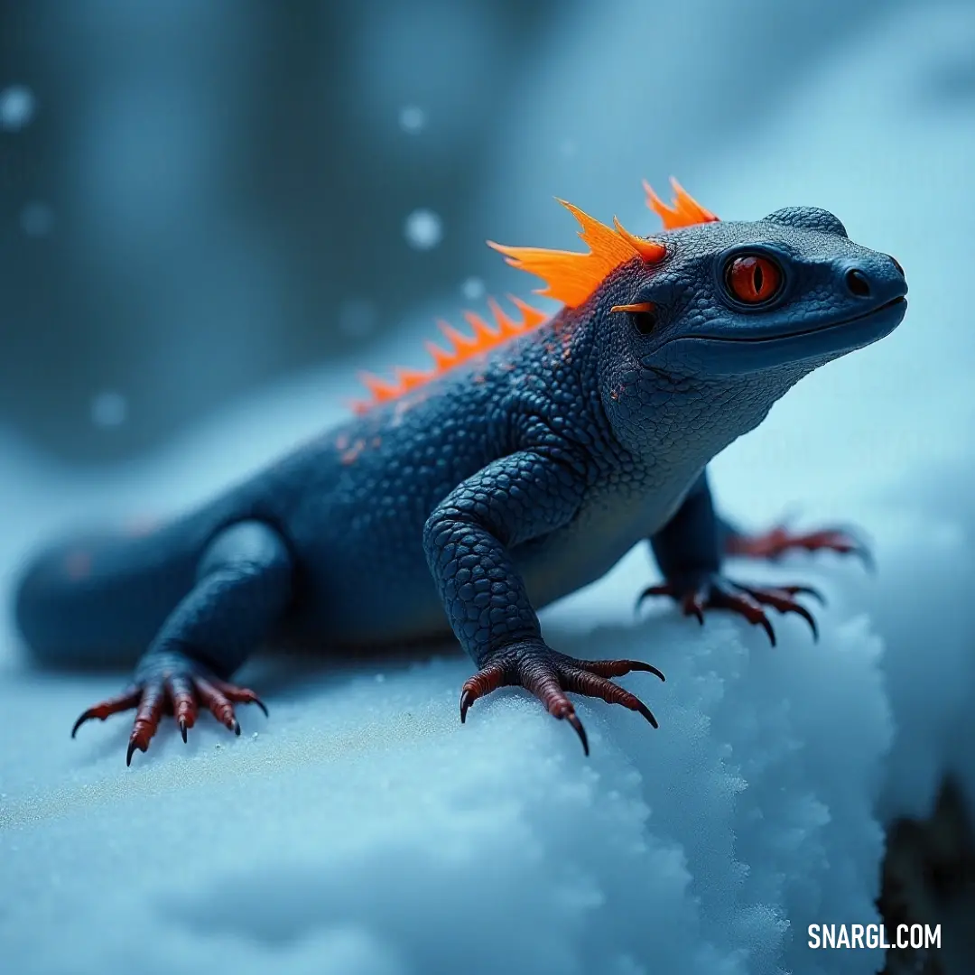 Lizard with orange spikes on its head and legs on a snow covered surface