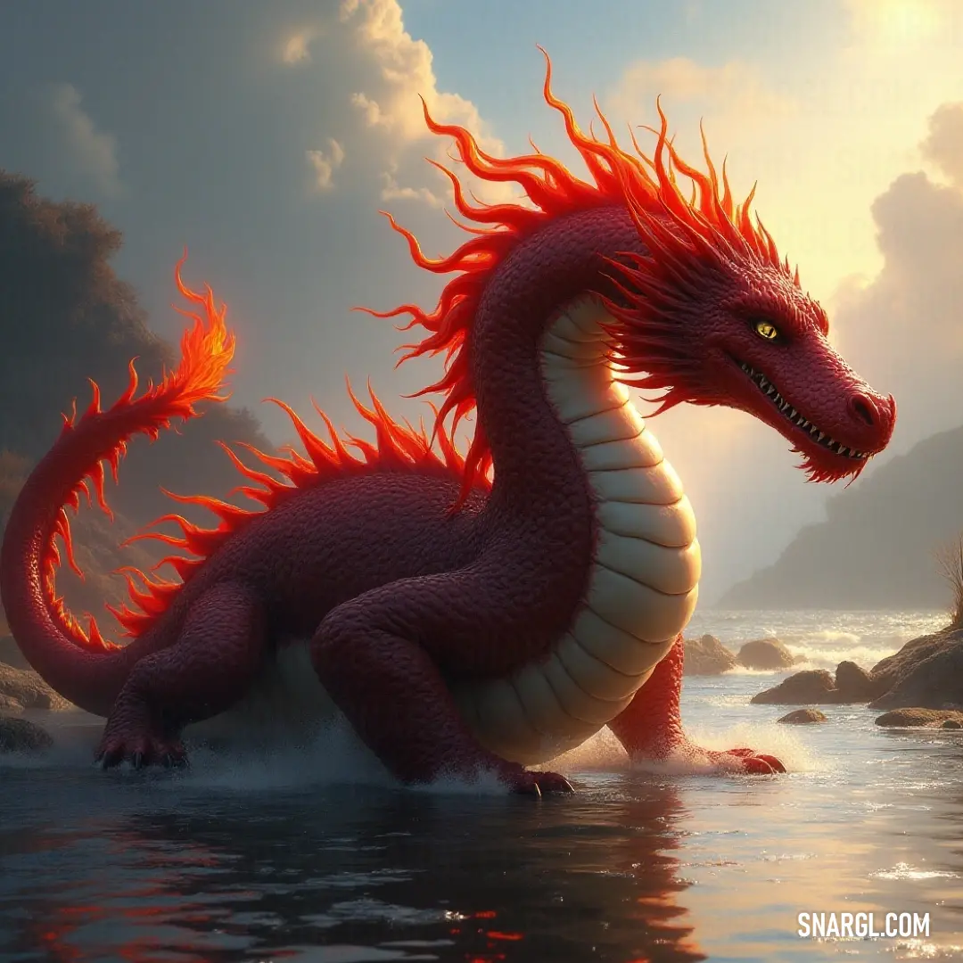 Red Salamander is standing in the water near the shore of a beach at sunset or dawn with clouds in the background