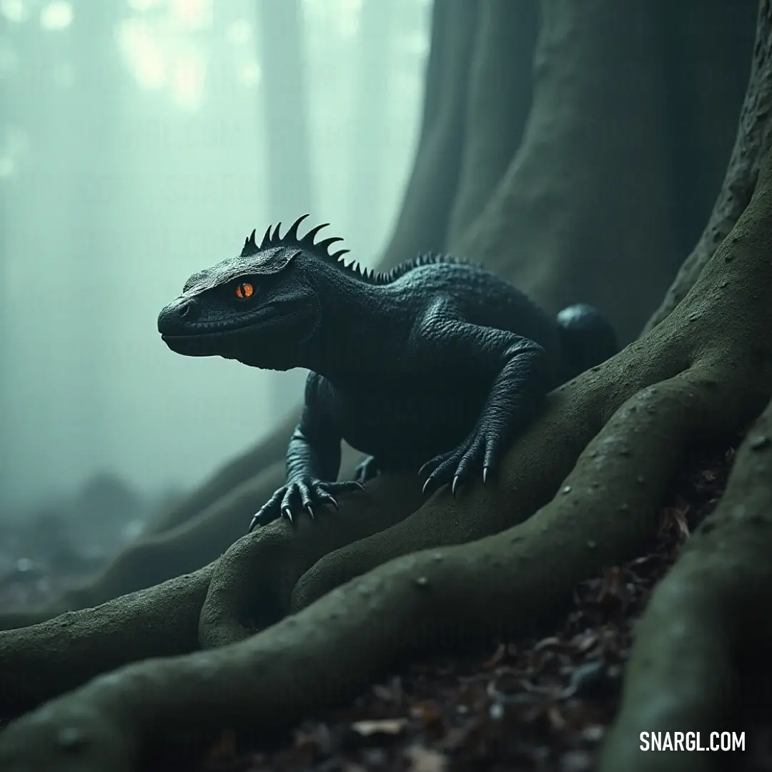 Toy Salamander is standing in the middle of a tree trunk in a forest with a glowing orange eye