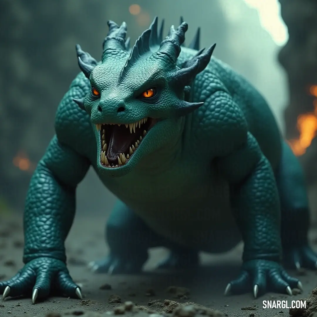 Toy godzilla with its mouth open and glowing eyes and claws out, with a fire in the background