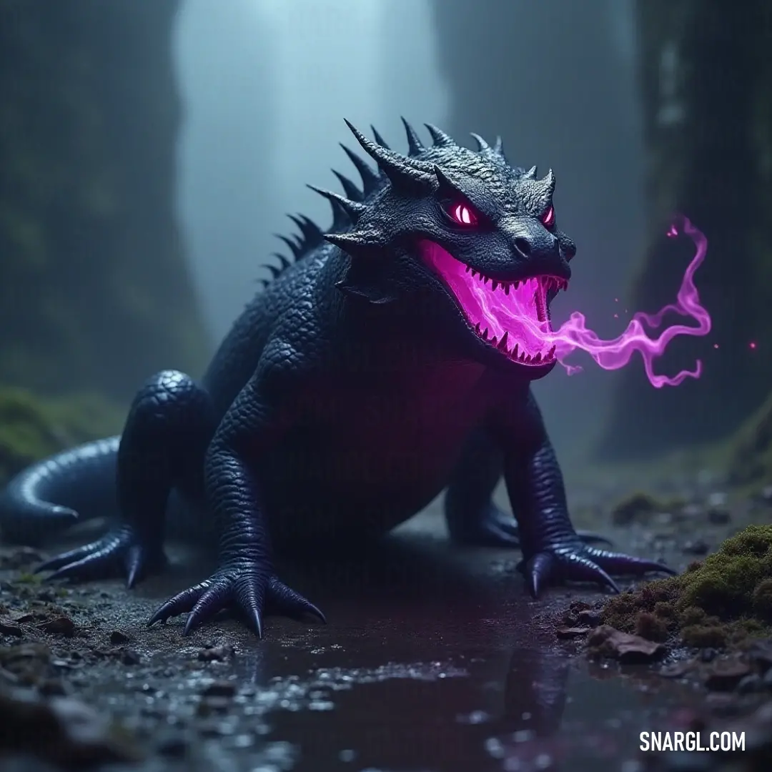 Toy godzilla with a pink light in its mouth on the ground in a forest area with moss