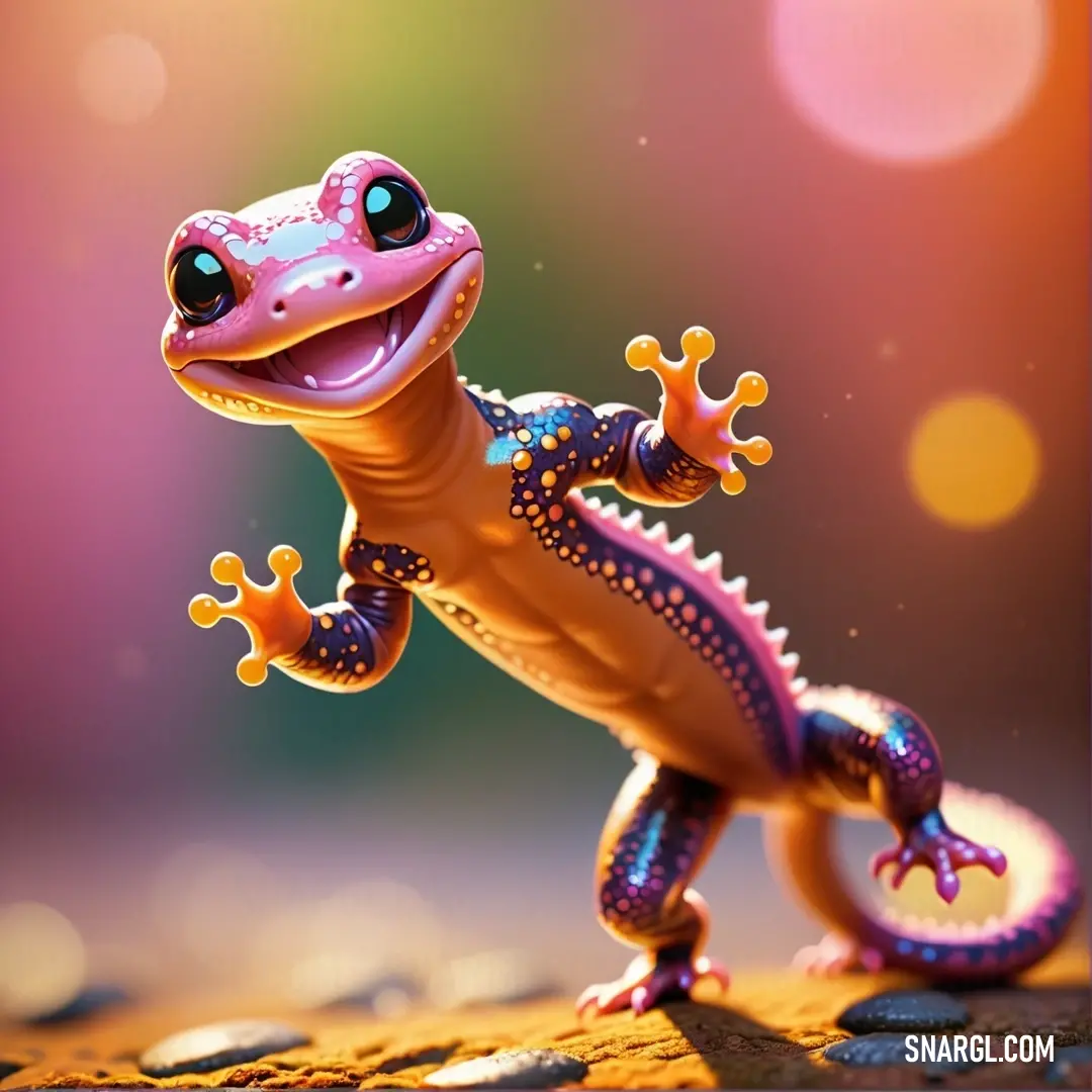 Toy lizard is standing on a rock with a blurry background