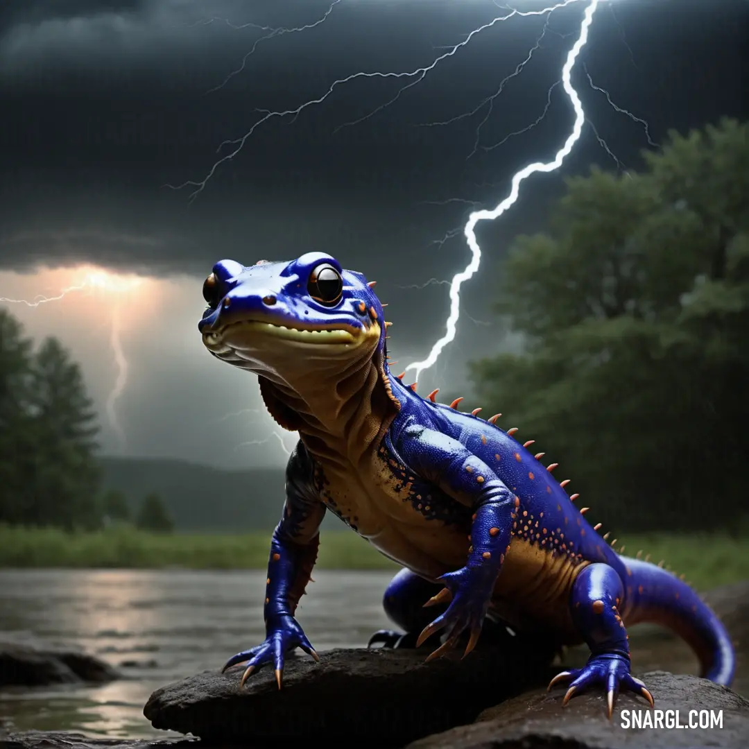 Blue and yellow lizard on a rock in the water with a lightning bolt in the background