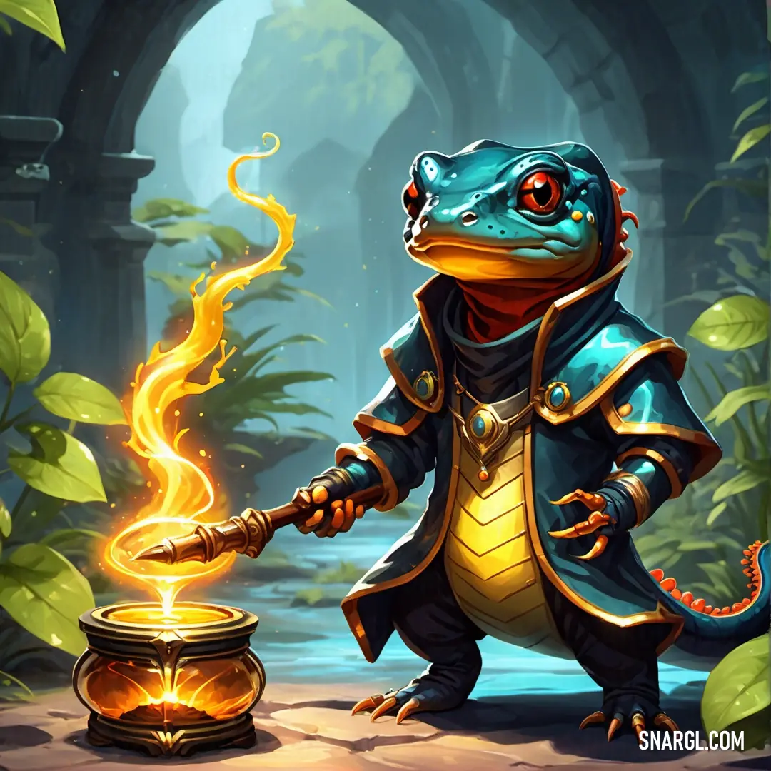 Frog in a suit is holding a fire in a pot with a flame coming out of it and a lantern in the background