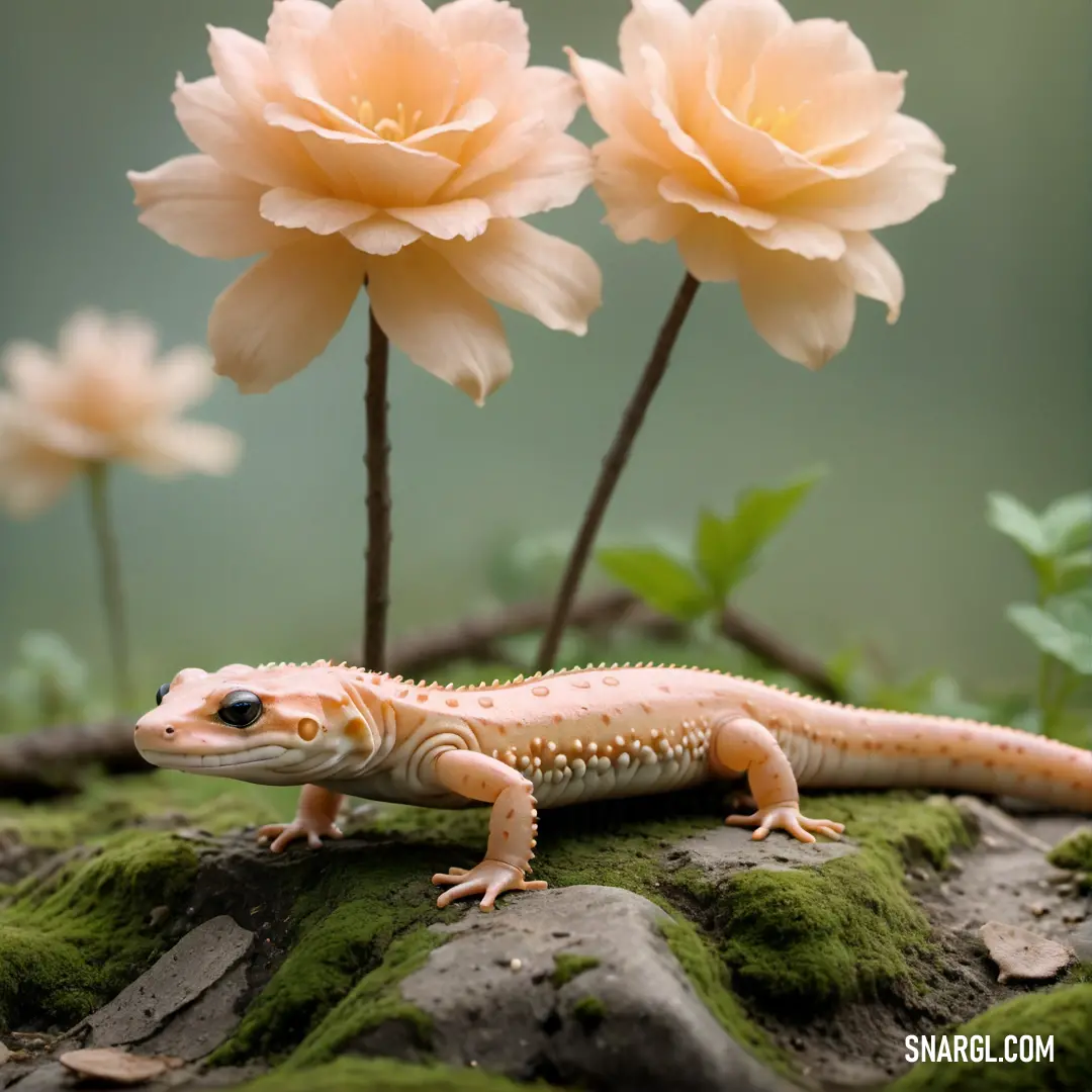 Lizard is on a rock with flowers in the background