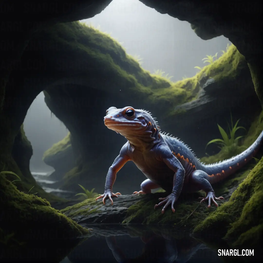 Lizard is on a rock in a cave with moss growing on the rocks and water in the foreground