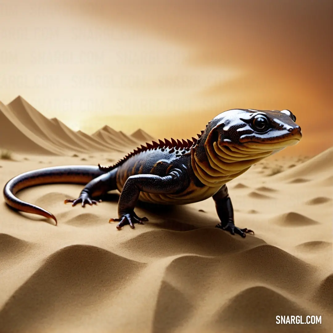 Lizard is on a sandy surface in the desert at sunset or dawn, with a mountain in the background