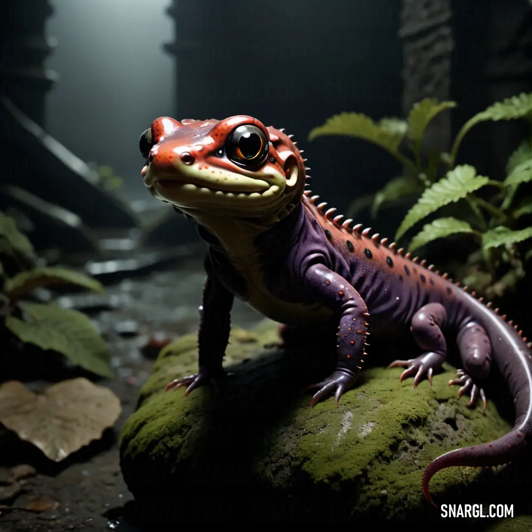 Lizard on a rock in a dark room with plants and rocks around it and a light shining on the ground