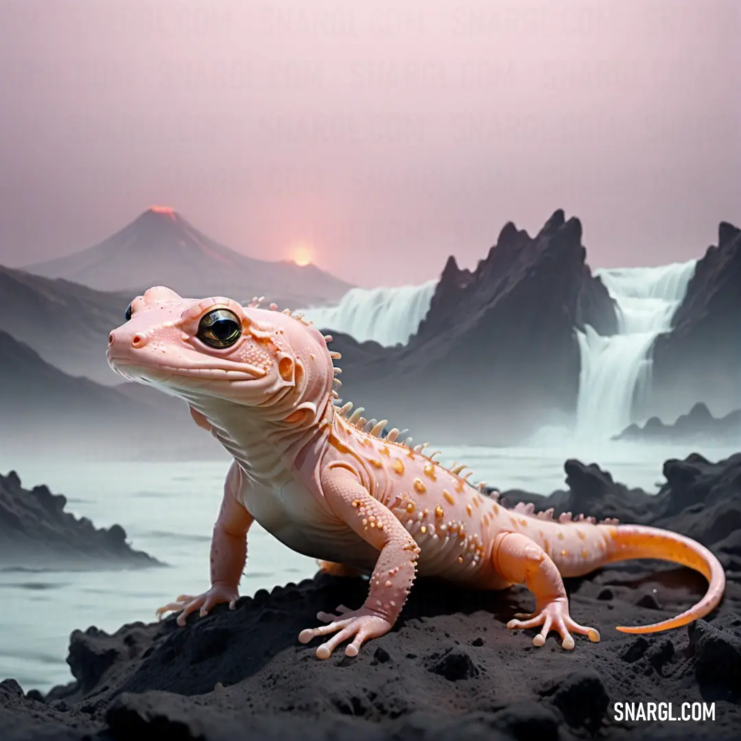 Lizard on a rock in the middle of a body of water with a waterfall in the background
