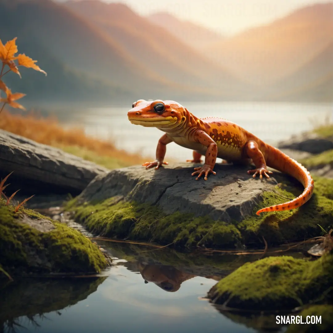 Lizard on a rock in the middle of a lake with mountains in the background